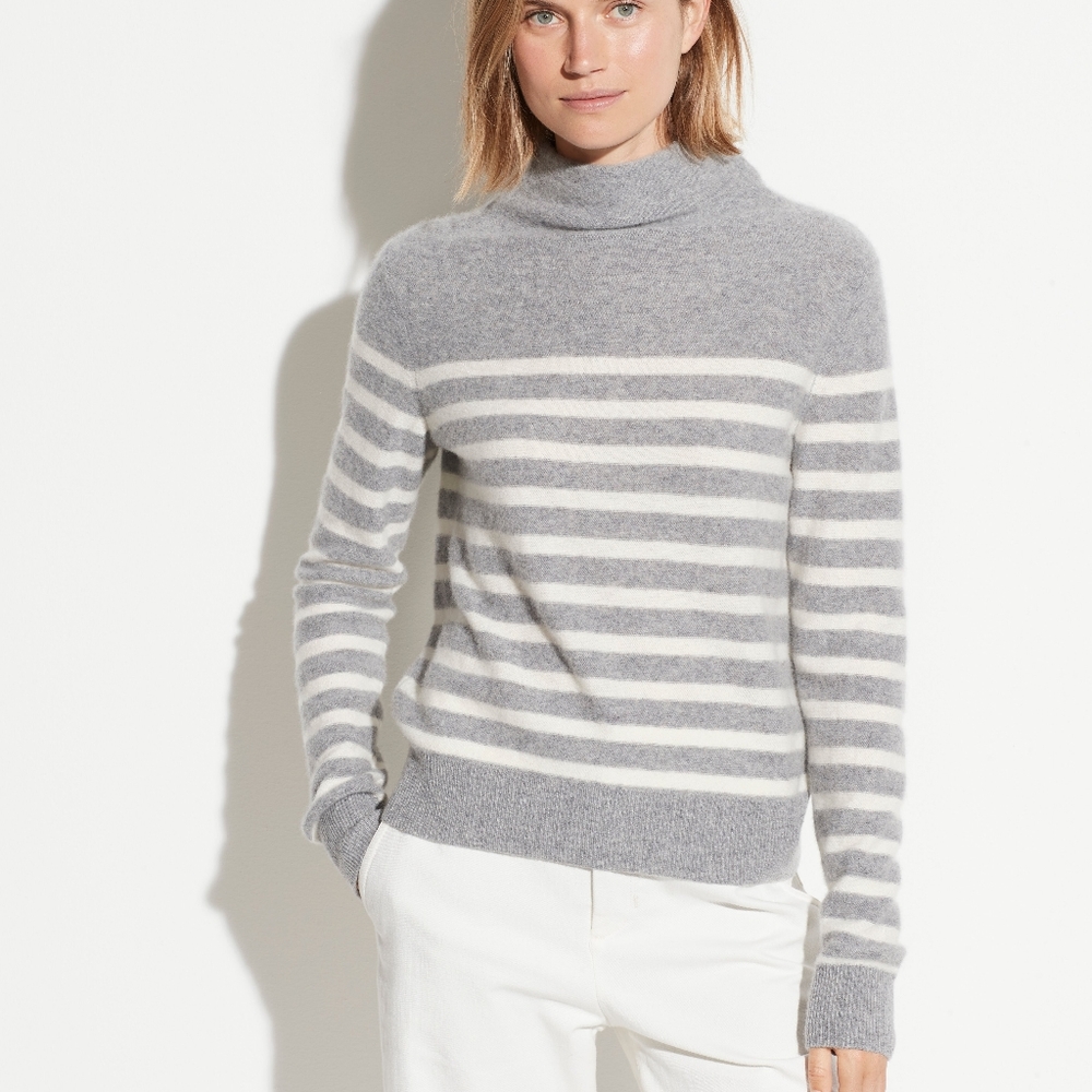 Vince Gray and White Striped Turtleneck Sweater